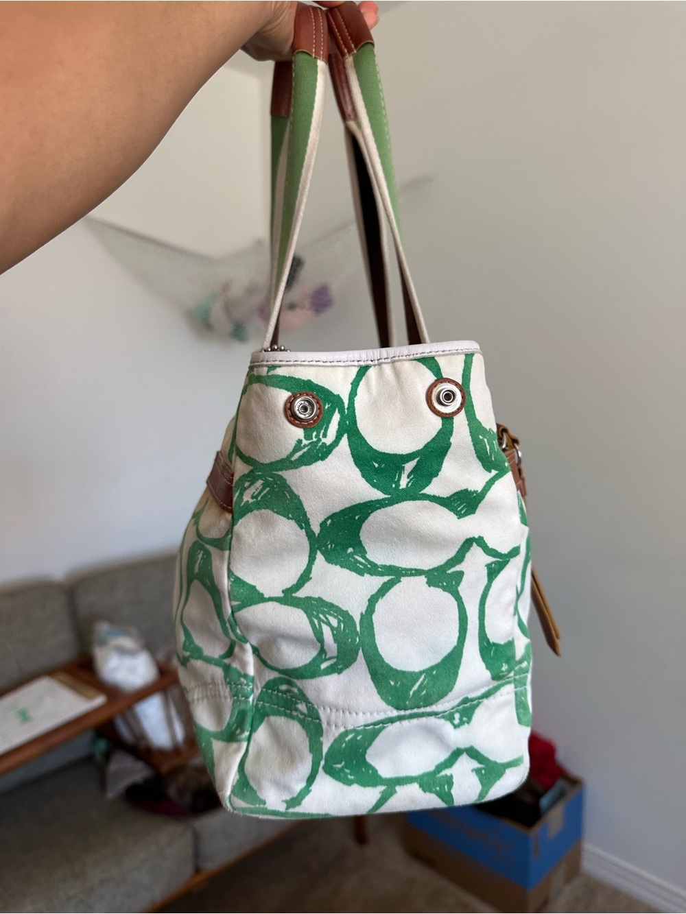 Coach Canvas Tote Bag with Green Print and Brown Leather Trim - Picture 2 of 9